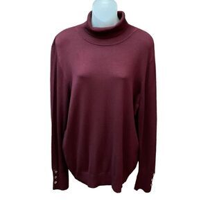 Joseph A Sweater Pullover Turtleneck Maroon Windsor Wine Faux Button Cuff Large